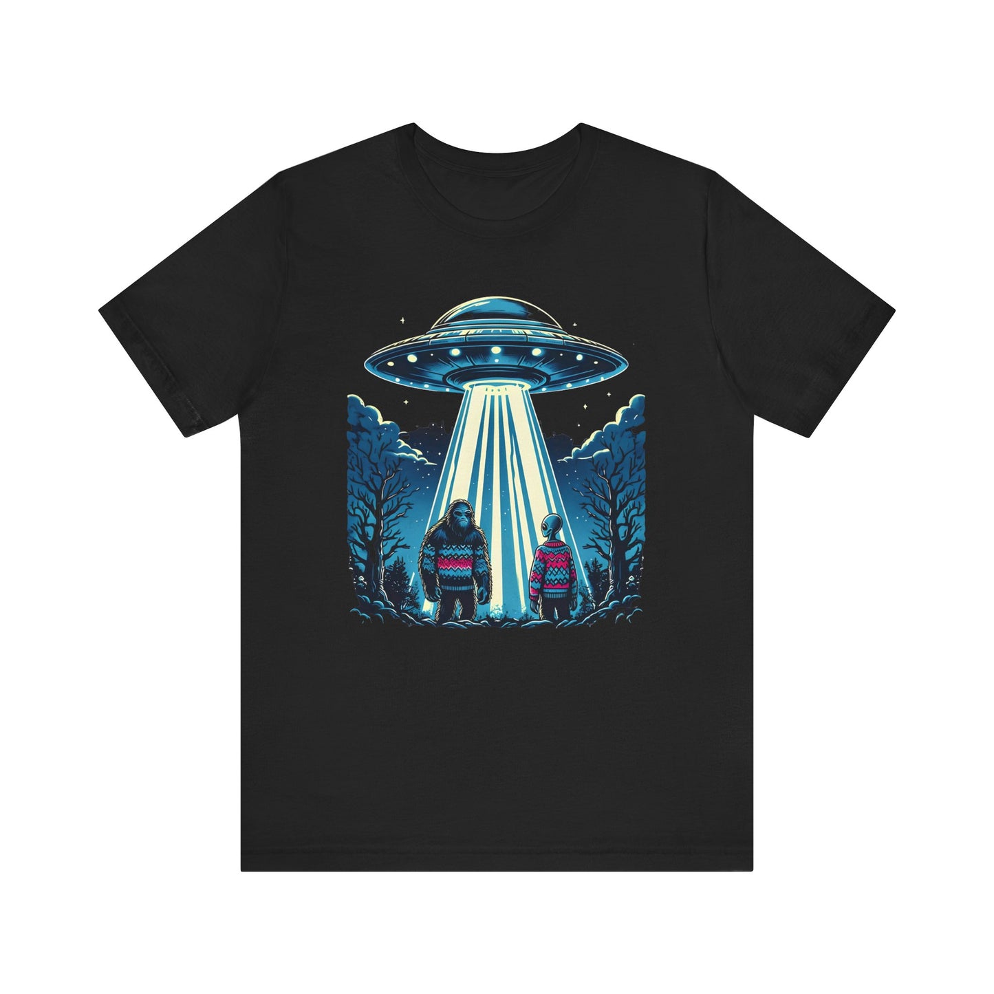 Alien Spaceship and Bigfoot Ugly Christmas Sweater Tee