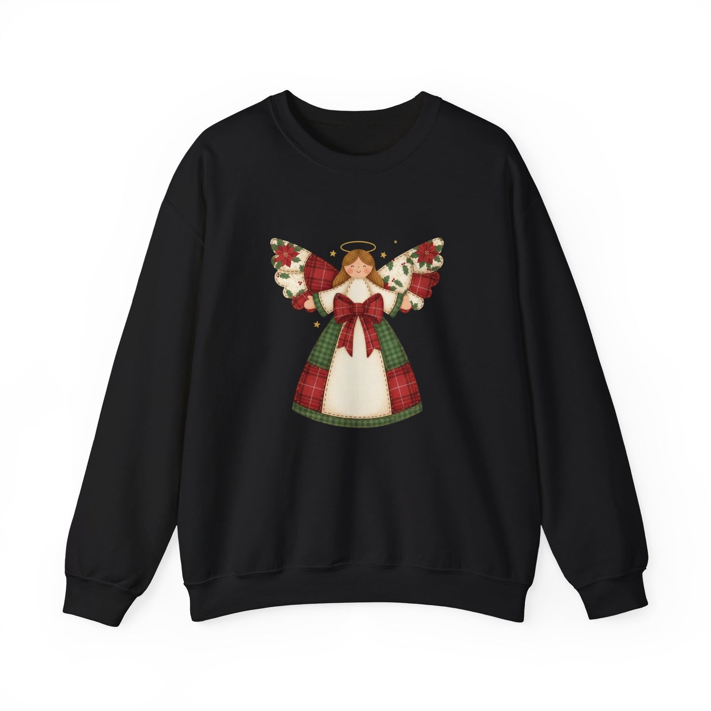 Unique Angel Design: Printed illustration of a Christmas angel in playful patchwork quilt style.