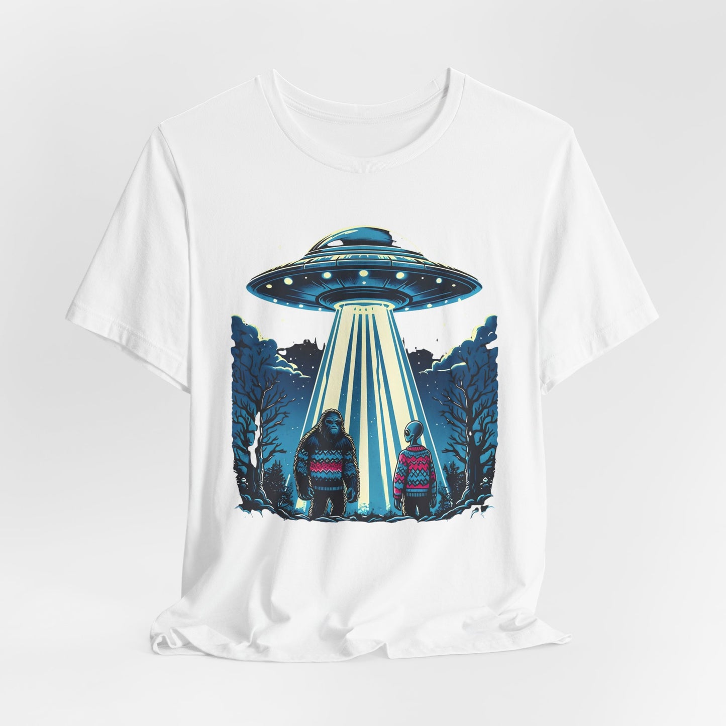 T-Shirt Alien and Bigfoot,  Ugly Christmas Sweater Tee, Funny UFO Holiday Shirt