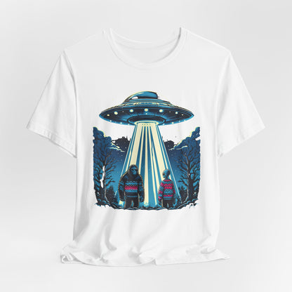 T-Shirt Alien and Bigfoot,  Ugly Christmas Sweater Tee, Funny UFO Holiday Shirt