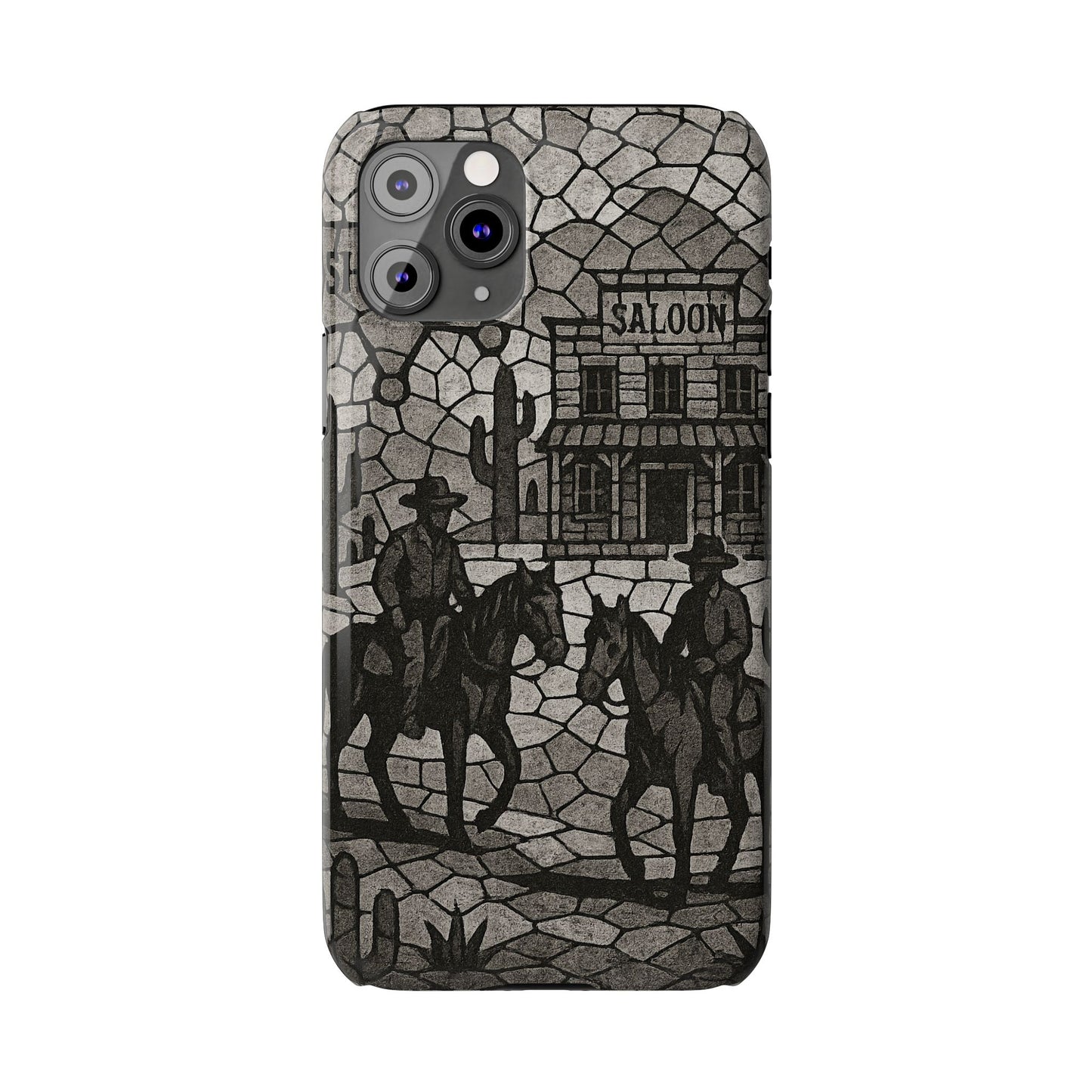 Slim Phone Cases Vintage Wild West Mosaic Art | Black & White Cowboy Scene | Sheriff, Horses & Saloon