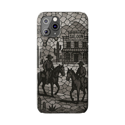 Slim Phone Cases Vintage Wild West Mosaic Art | Black & White Cowboy Scene | Sheriff, Horses & Saloon