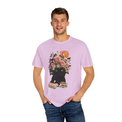 Black Cat Flowers Coffee Books Unisex T-shirt, Graphic Tee, Cat Lover Gift, Bookworm Shirt, Coffee Lovers Top