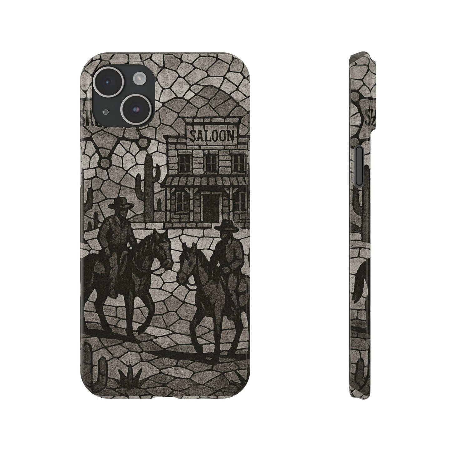 Slim Phone Cases Vintage Wild West Mosaic Art | Black & White Cowboy Scene | Sheriff, Horses & Saloon