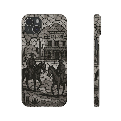 Slim Phone Cases Vintage Wild West Mosaic Art | Black & White Cowboy Scene | Sheriff, Horses & Saloon