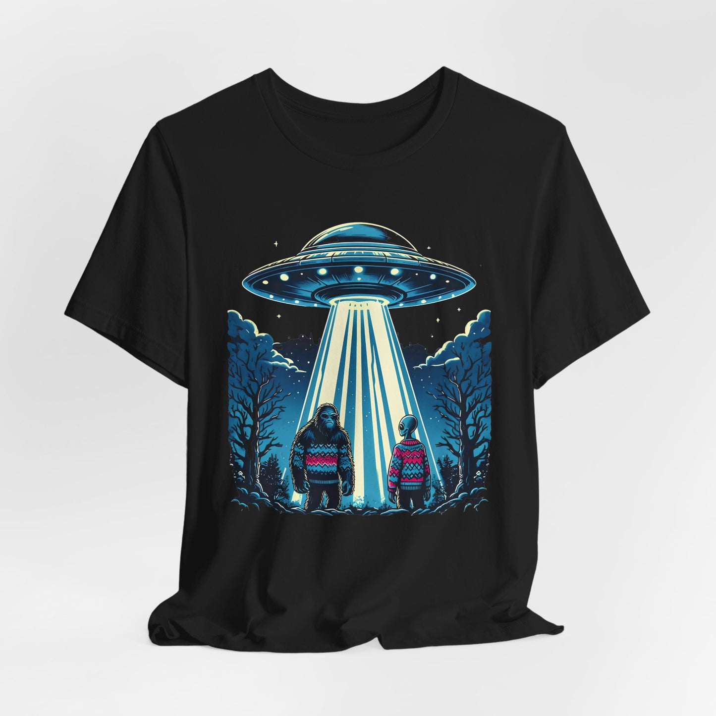 T-Shirt Alien and Bigfoot,  Ugly Christmas Sweater Tee, Funny UFO Holiday Shirt