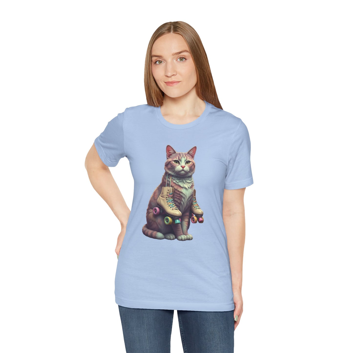 Cat with Roller Unisex Tee, Short Sleeve Shirt, Roller Coaster Cat Graphic Top, Cute Animal T-Shirt, Funny 80s Theme Shirt