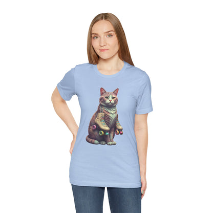 Cat with Roller Unisex Tee, Short Sleeve Shirt, Roller Coaster Cat Graphic Top, Cute Animal T-Shirt, Funny 80s Theme Shirt