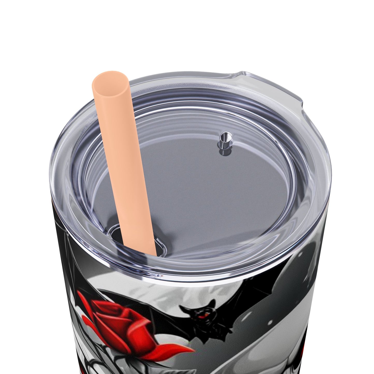 20oz Skinny Tumbler with Straw - Halloween Skulls and Red Roses Design