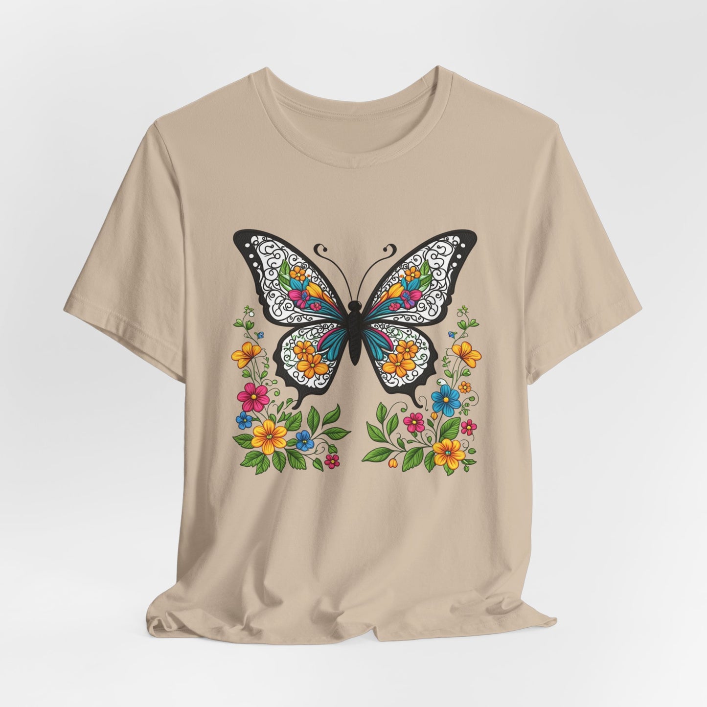 T-Shirt Butterfly and Flowers,  Botanical Floral Tee, Nature Lover Shirt, Cute Spring Top, Unisex Graphic Tee