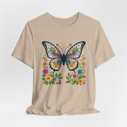 T-Shirt Butterfly and Flowers,  Botanical Floral Tee, Nature Lover Shirt, Cute Spring Top, Unisex Graphic Tee