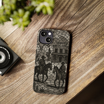 Slim Phone Cases Vintage Wild West Mosaic Art | Black & White Cowboy Scene | Sheriff, Horses & Saloon