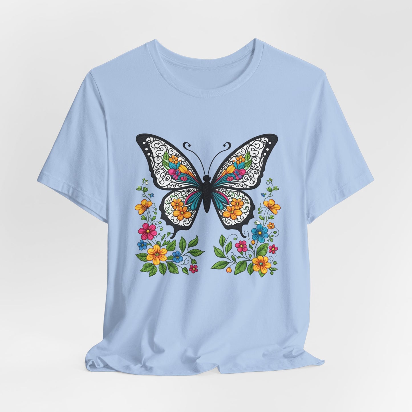 T-Shirt Butterfly and Flowers,  Botanical Floral Tee, Nature Lover Shirt, Cute Spring Top, Unisex Graphic Tee