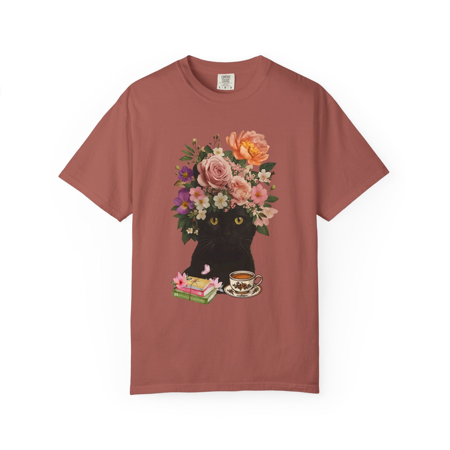 Black Cat Flowers Coffee Books Unisex T-shirt, Graphic Tee, Cat Lover Gift, Bookworm Shirt, Coffee Lovers Top