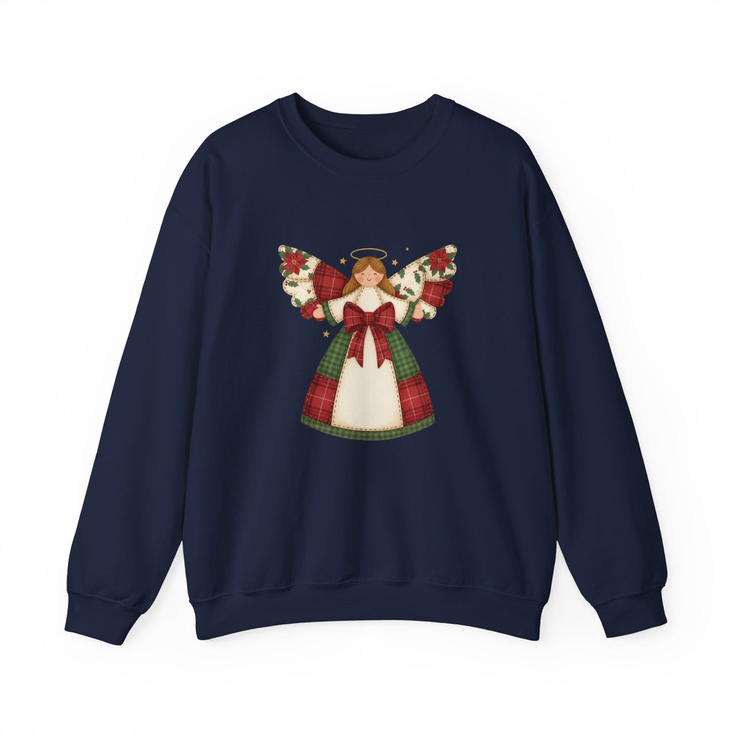 Unique Angel Design: Printed illustration of a Christmas angel in playful patchwork quilt style.