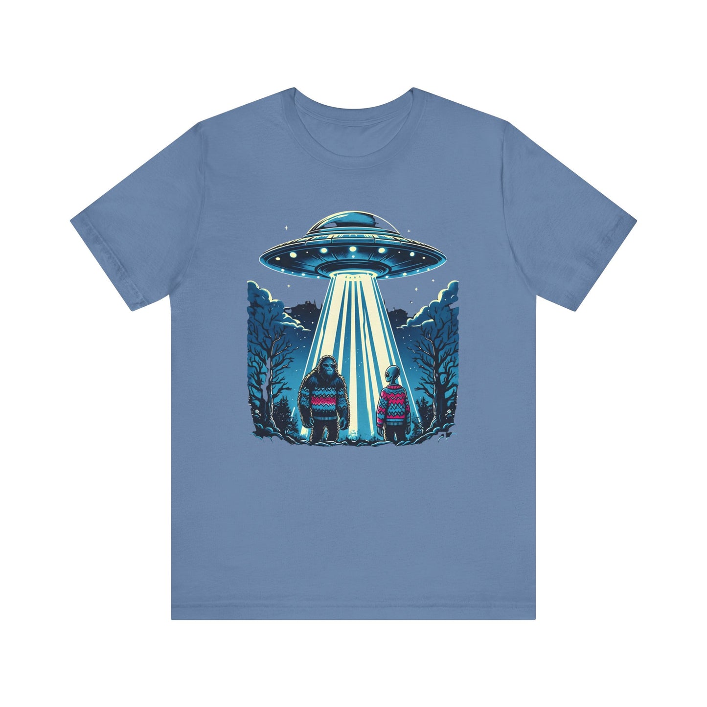 Alien Spaceship and Bigfoot Ugly Christmas Sweater Tee