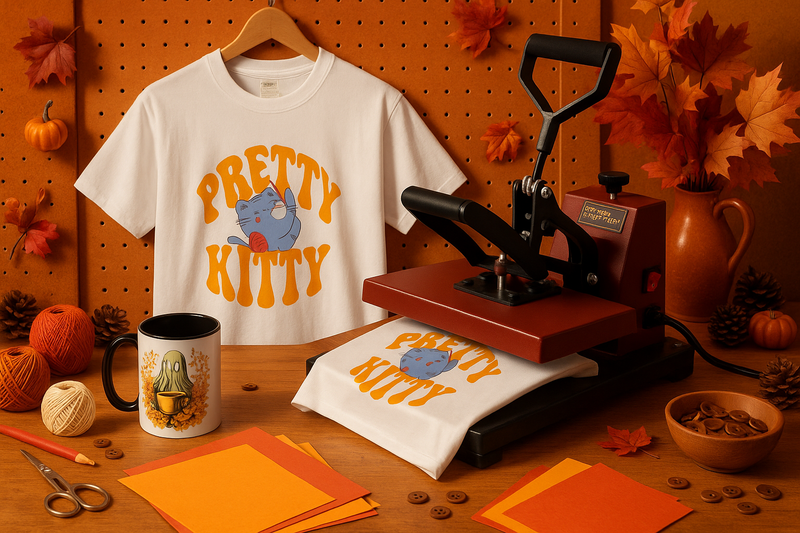 Cozy autumn workspace with Jackie's Krazy Shop products, heat press machine, and vibrant colors showing the print-on-demand creation process